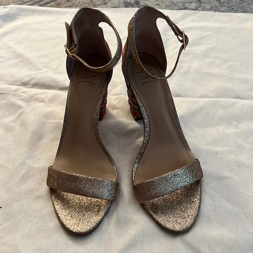 INC by Macys gold, glitter and floral embroidery heels.  Size 8.5